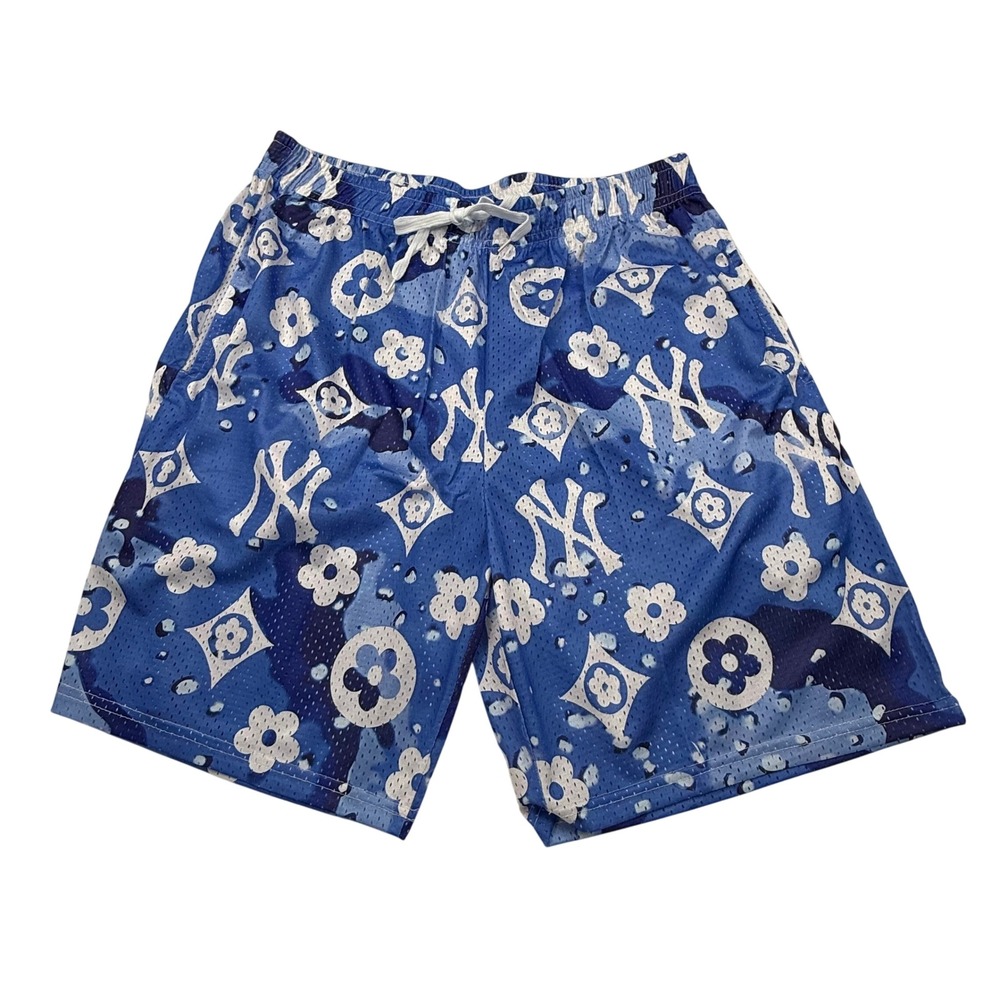 Mens Blue NY Yankees Monogram Mesh Basketball Shorts XXL Streetwear
